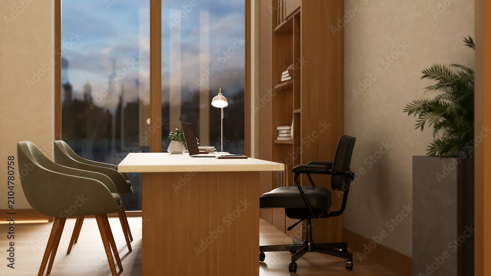 Fototapeta premium Cozy minimalist home office with white desk and computer.