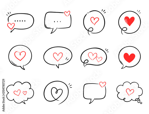 Cute Heart Speech Bubble Icon Set Hand Drawn Line Art,