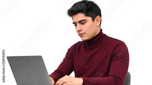 Focused Young Professional Man Working on Laptop Isolated on Transparent Background