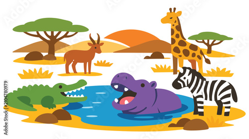 Принти на полотні Safari animals around waterhole at sunset vector illustration.