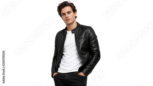 Handsome Young Man in Cool Black Leather Jacket Posing Isolated on Transparent Background