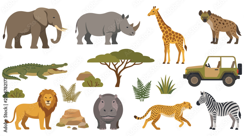 Obraz premium Wild african animals and safari scenery elements collection set graphics.