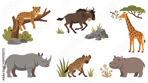 Canvas Print Set of wild african animals isolated on white background with plant elements