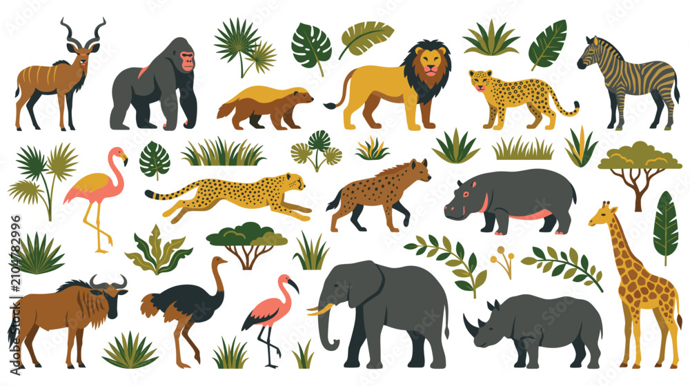 Obraz premium Set of wild african animals with tropical plants and trees isolated icons.