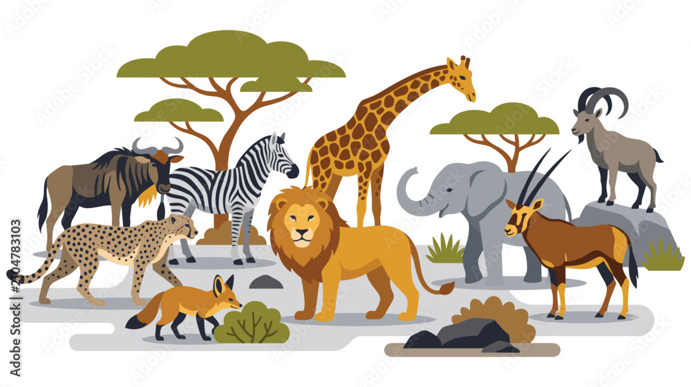Obraz premium Group of savanna animals standing together in african landscape backdrop.