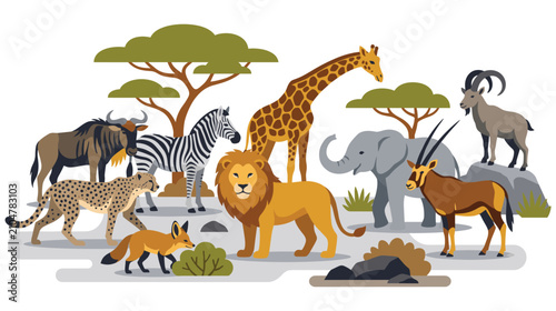 Foto Group of savanna animals standing together in african landscape backdrop