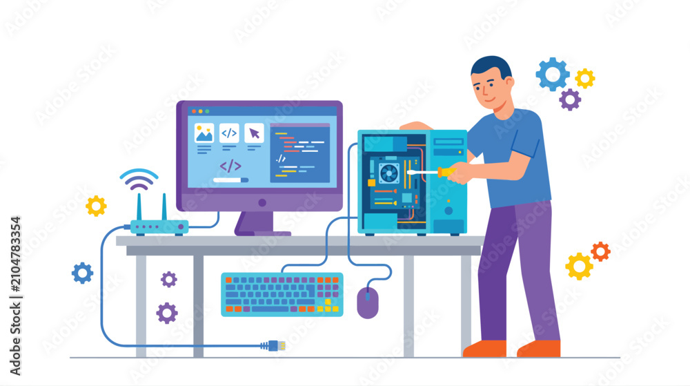 Fototapeta premium Technician working with servers, monitors, and high tech equipment in a modern lab workspace.