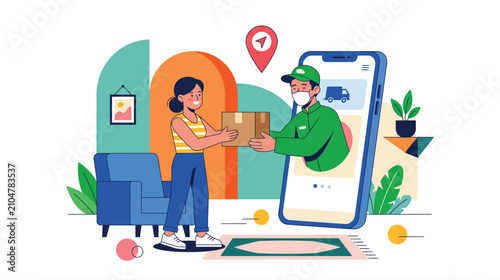 Photography Online delivery contactless handoff illustration showing shoppers and courier with mobile ordering and package exchange