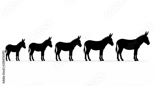 A progression of five dark donkey silhouettes displays a clear visual representation of growth and development from smallest to largest, aligning in perfect sequence against a blank canvas