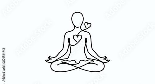 Photography Continuous line art of a person in a yoga meditation pose with a heart icon