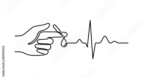 Fotografía Continuous line drawing of a finger prick blood glucose test with a heart rhythm line