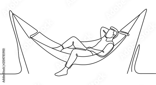 Canvas Print Continuous line drawing of a man relaxing in a hammock.