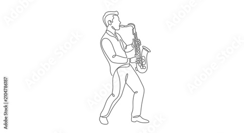 Photography Continuous line art illustration of a male jazz musician playing the saxophone
