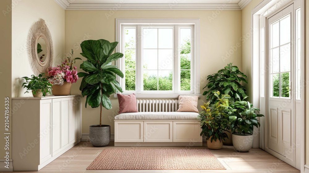 Obraz premium Bright and Inviting Entryway with Natural Light and Greenery in Cozy Home Space