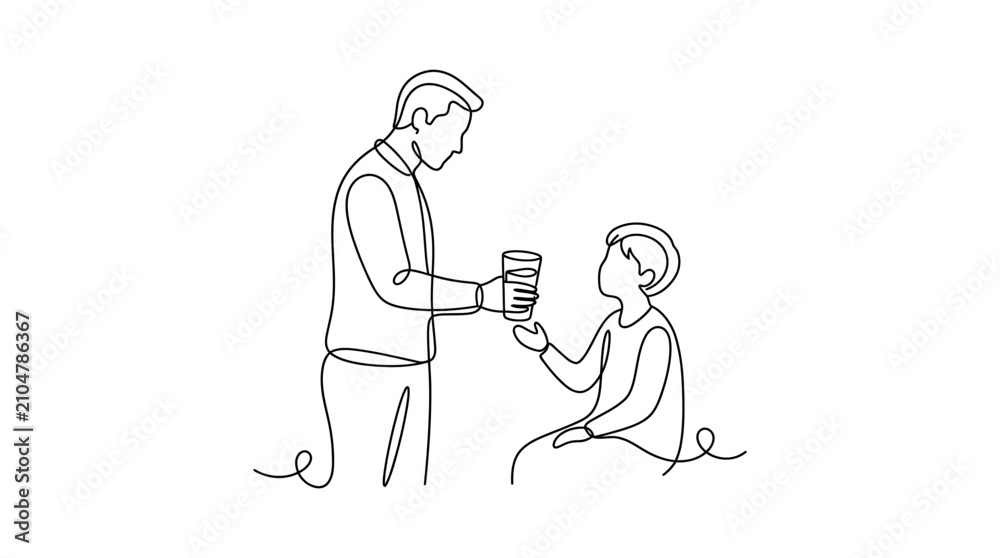 Obraz premium Continuous line drawing of a man giving a cup to a child.
