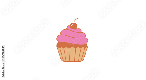 A simple illustration of a sweet cupcake with pink frosting and a cherry on top