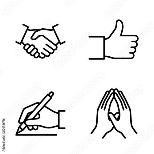 Set of business hand gesture line icons including handshake thumbs up and writing