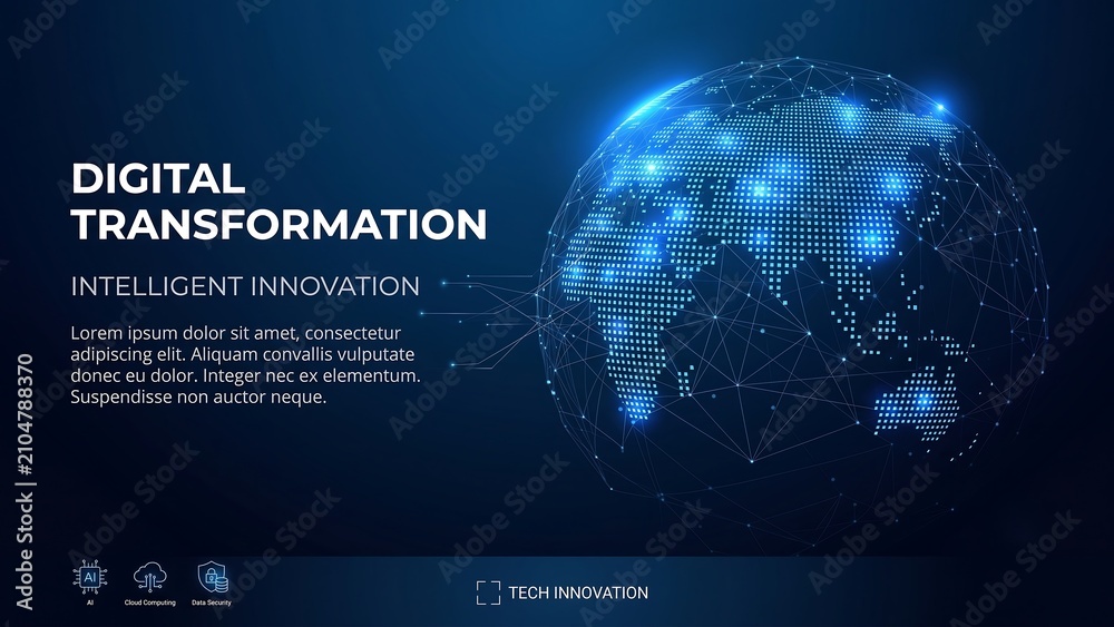 Obraz premium Futuristic tech background with a global network map of planet earth and digital world connections, where AI systems connect every globe through smart data innovation and modern technology. ai it