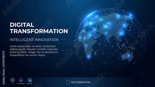 Futuristic tech background with a global network map of planet earth and digital world connections, where AI systems connect every globe through smart data innovation and modern technology. ai it