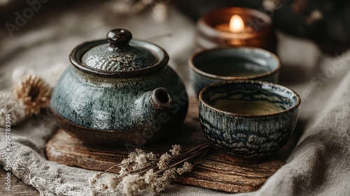 Traditional Ceramic Teapot and Cups with Lit Candle on Linen Cloth in Cozy Warm Atmosphere