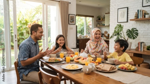 Happy Family Enjoying a Delicious Breakfast Together at a Sunlit Dining Table.