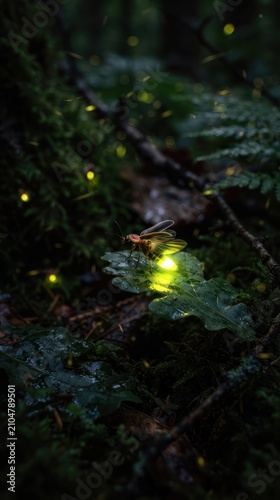 Magical Forest at Night with Fireflies Glowing.