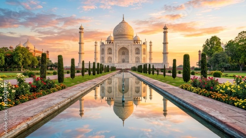 Magnificent Taj Mahal Reflection at Sunrise in Agra India.