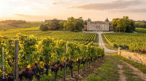 Majestic Vineyard Estate at Sunset with Rolling Hills and Grand Chateau.