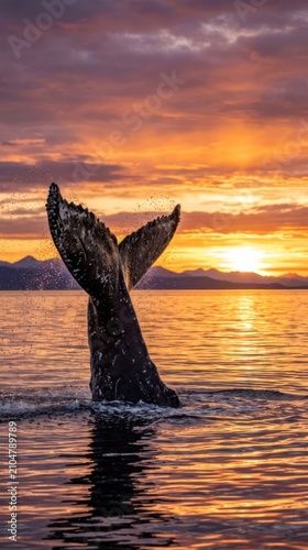 Majestic Whale Tail Surfaces During Golden Sunset Over Calm Ocean Waters.
