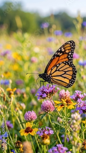 Monarch Butterfly Resting on a Vibrant Wildflower Meadow.