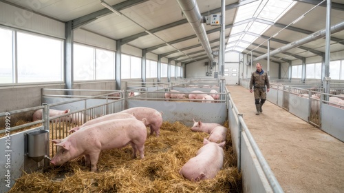 Modern Pig Farming Facility with Pigs and Farmer.