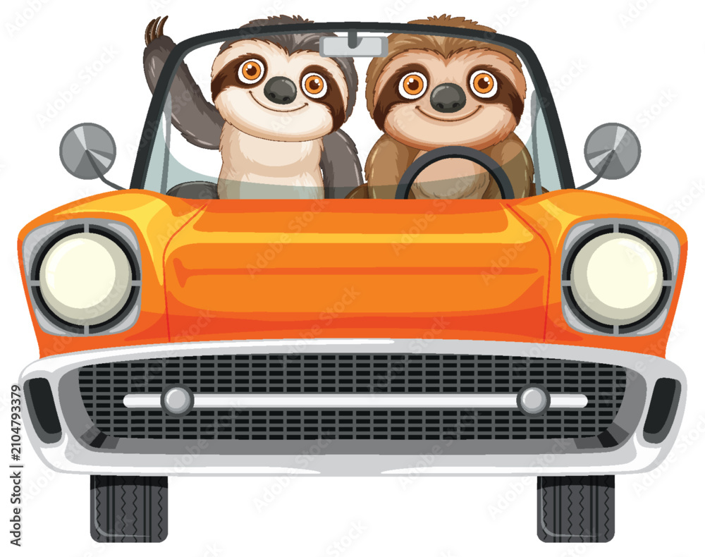 Fototapeta premium Two Sloths Driving Orange Convertible Car Front View