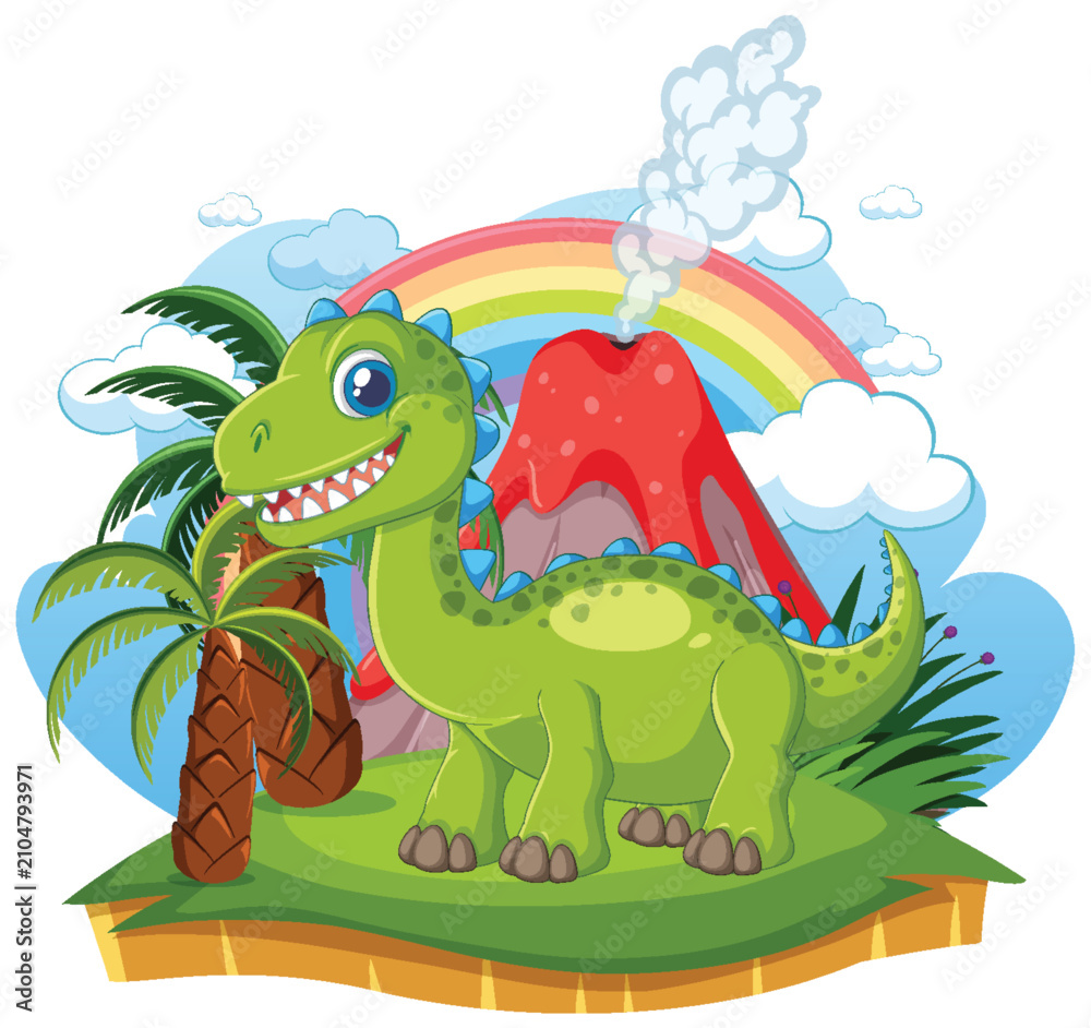 Naklejka premium Cute Green Dinosaur Standing in Prehistoric Landscape with Volcano and Rainbow