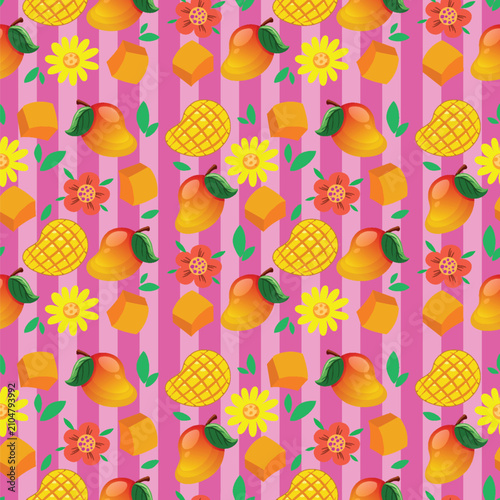 Seamless Vector Pattern with Mangoes and Flowers on Pink Stripes