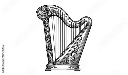 Bild auf Leinwand Ornate Vintage Harp With Scroll Carved Details And Strings Line Art Vector Illus