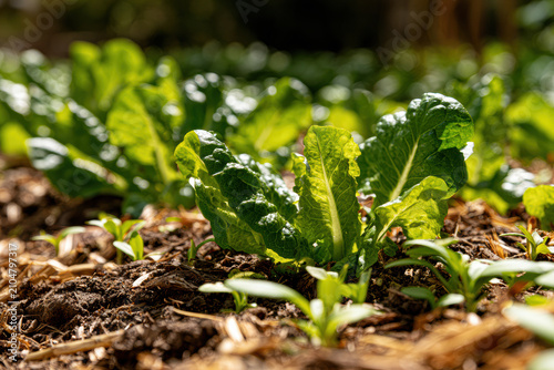 Close-up of fresh green lettuce plants growing in soil with sunlight highlighting the leaves, showcasing healthy garden crops in an outdoor setting.