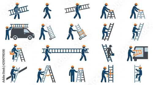 Fotografie Construction Workers Using Ladders and Tools Illustration.
