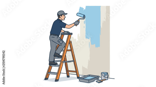 Painter Using Roller on Ladder Vector Illustration
