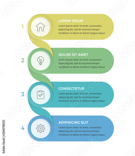 Infographic template featuring four rounded banners connected by a twisting ribbon in a vertical layout, suitable for business presentation or workflow planning