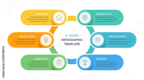 Six steps circular cycle infographic template featuring horizontal banners arranged in a circle to illustrate process workflows, project stages, or systematic business sequences