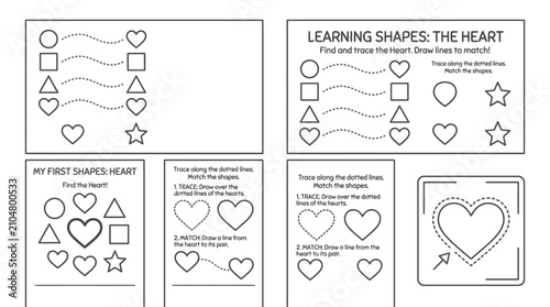 Educational worksheet set for children learning to identify and draw heart shapes.