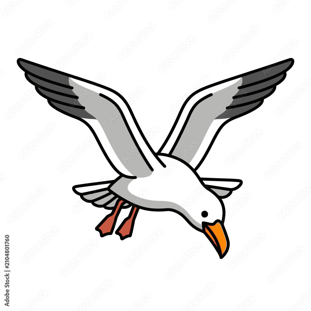 Obraz premium Vector illustration of a white seagull flying with wings spread wide in a stylish minimalist cartoon design isolated on a clean white background