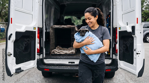 woman holding rescued puppy in blue towel near van