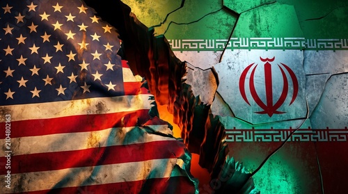 Cracked flags of USA and Iran symbolizing geopolitical conflict and tension.