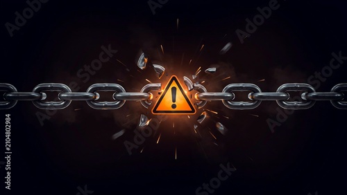 Broken metal chain with warning symbol representing security risk and danger