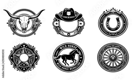 Badge Set with Bull Head, Wild Horse Emblem, Horseshoe Motif and Decorative Vintage Ornaments