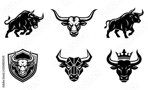 Schilderij op canvas Bulls Icons Set of Black and White Emblem Badges, Heraldic Logo Designs with Sty