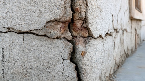 Detailed Close-up of Cracked Concrete Wall Showing Signs of Weathering and Structural Damage in Urban Environment