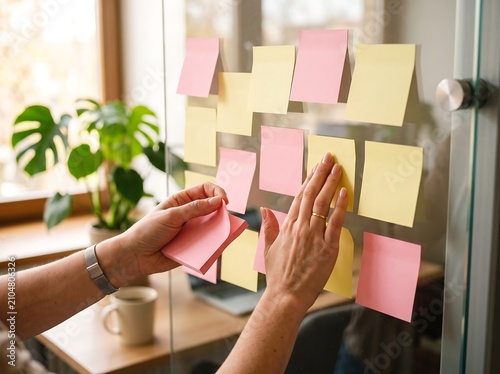 Hand placing pink sticky note on glass board during an agile business planning session in a bright office