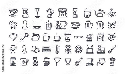 Canvastavla Premium Coffee & Barista Vector Icon Set - Monoline Specialty Coffee Brewing, V6